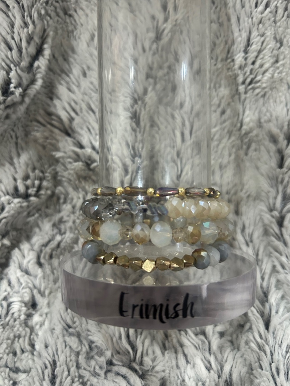 Erimish Neutral Cream, Gray& Gold Faceted Glass Beaded Bracelet Set